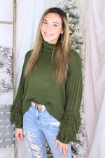 Olive Turtle Neck Sweater With Fringe Arms - Shop Kendry Collection Boutique