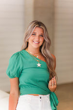 One Shoulder Kelly Green Tie Blouse - Shop Kendry Collection Boutique