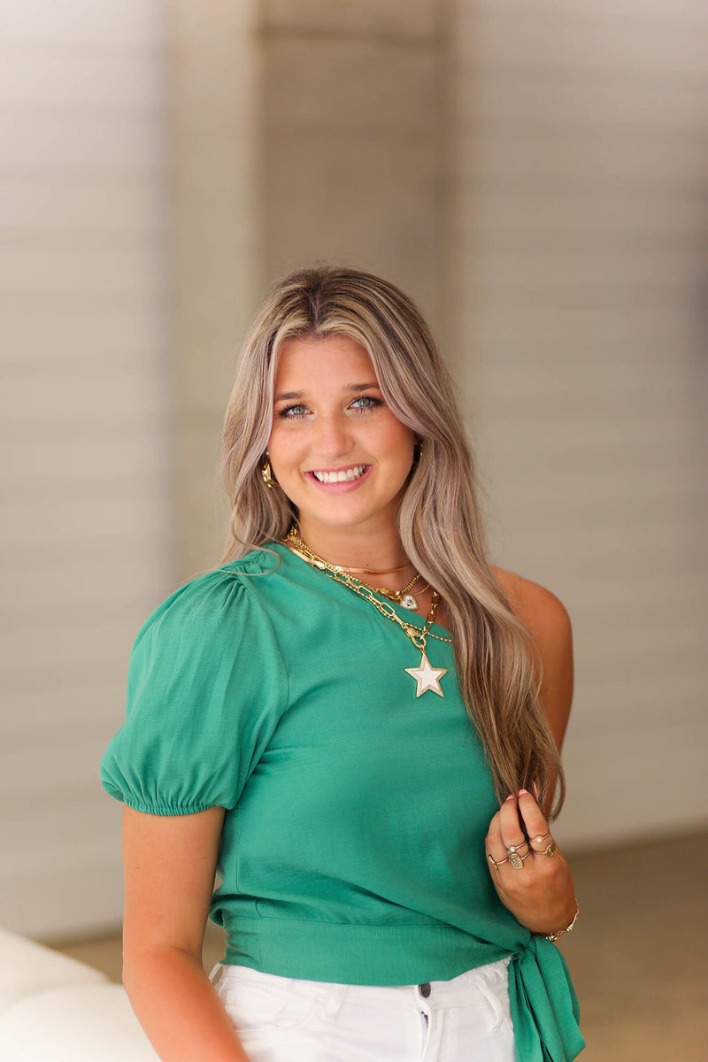 One Shoulder Kelly Green Tie Blouse - Shop Kendry Collection Boutique