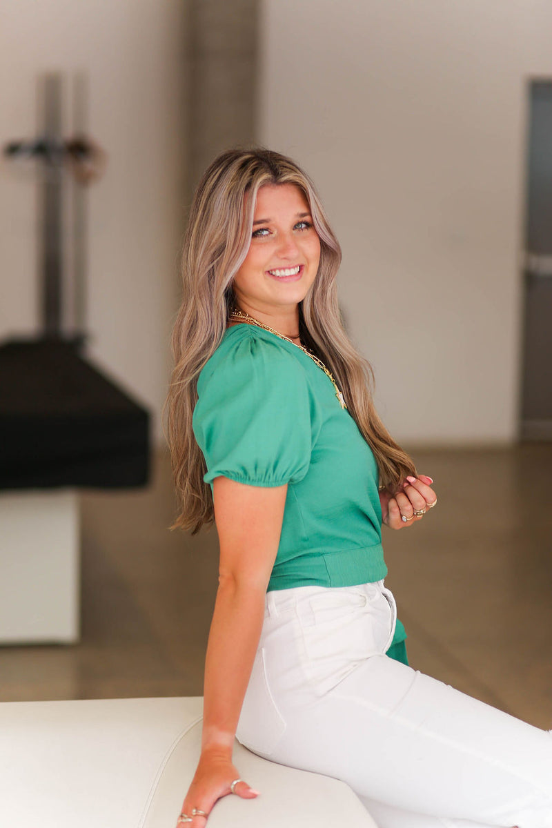 One Shoulder Kelly Green Tie Blouse - Shop Kendry Collection Boutique