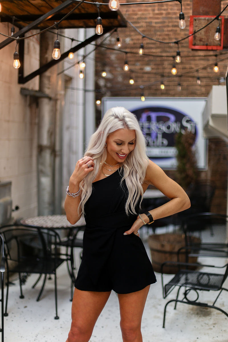 One Shoulder Twist Detail Black Romper - RESTOCK