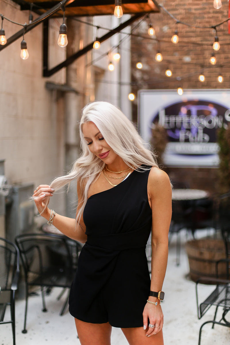 One Shoulder Twist Detail Black Romper - RESTOCK