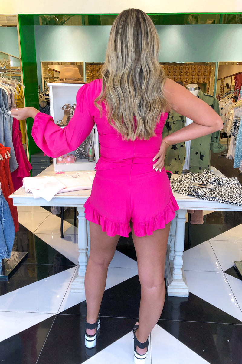 One Shoulder Ruffle Hem Romper - Pink - Kendry Collection Boutique