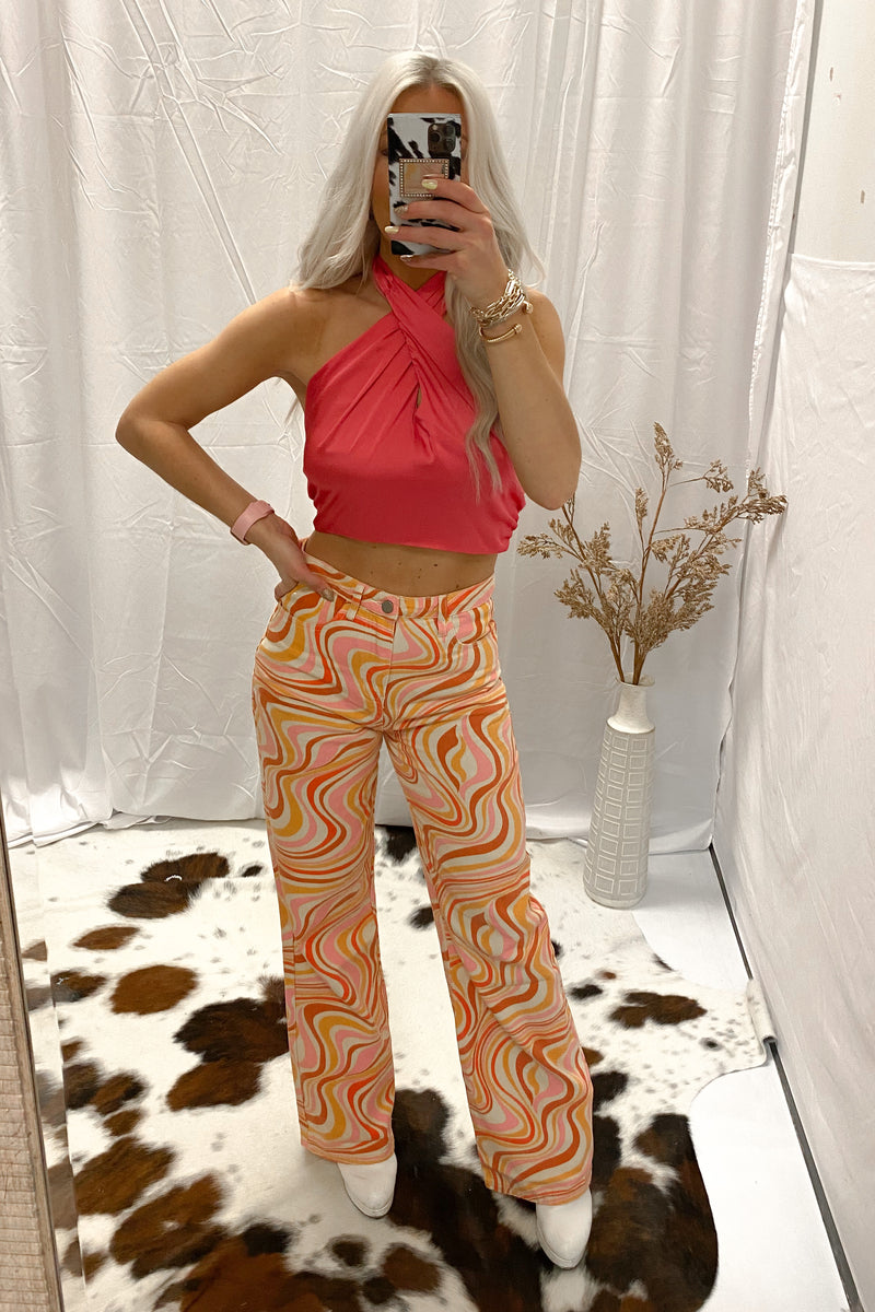 Peachy Red Satin Halter Top
