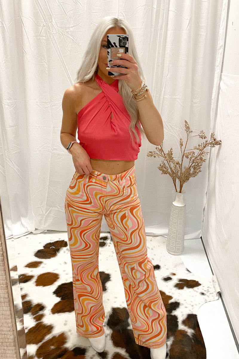 Peachy Red Satin Halter Top