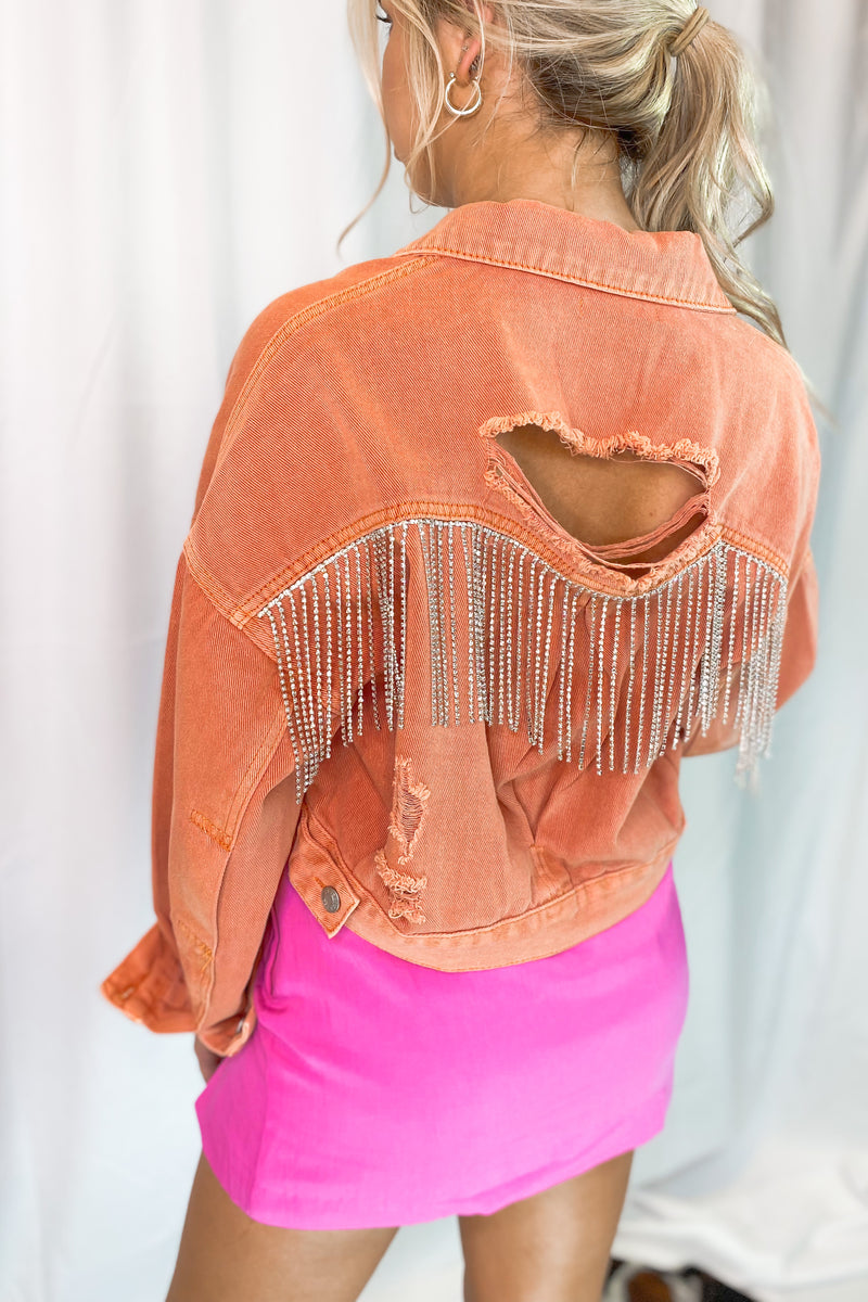 Orange Rhinestone Fringe Denim Jacket