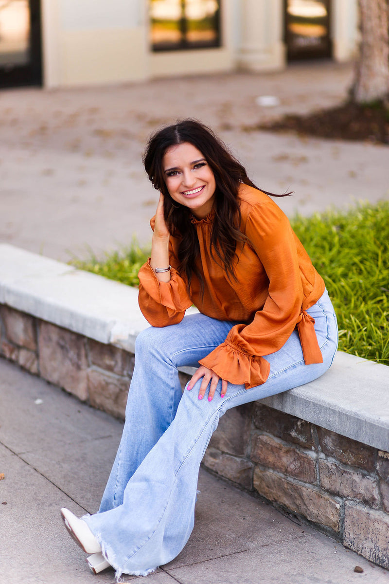 Orange Satin Front Tie Long Sleeve Blouse - Kendry Collection Boutique