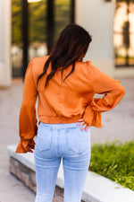 Orange Satin Front Tie Long Sleeve Blouse - Kendry Collection Boutique