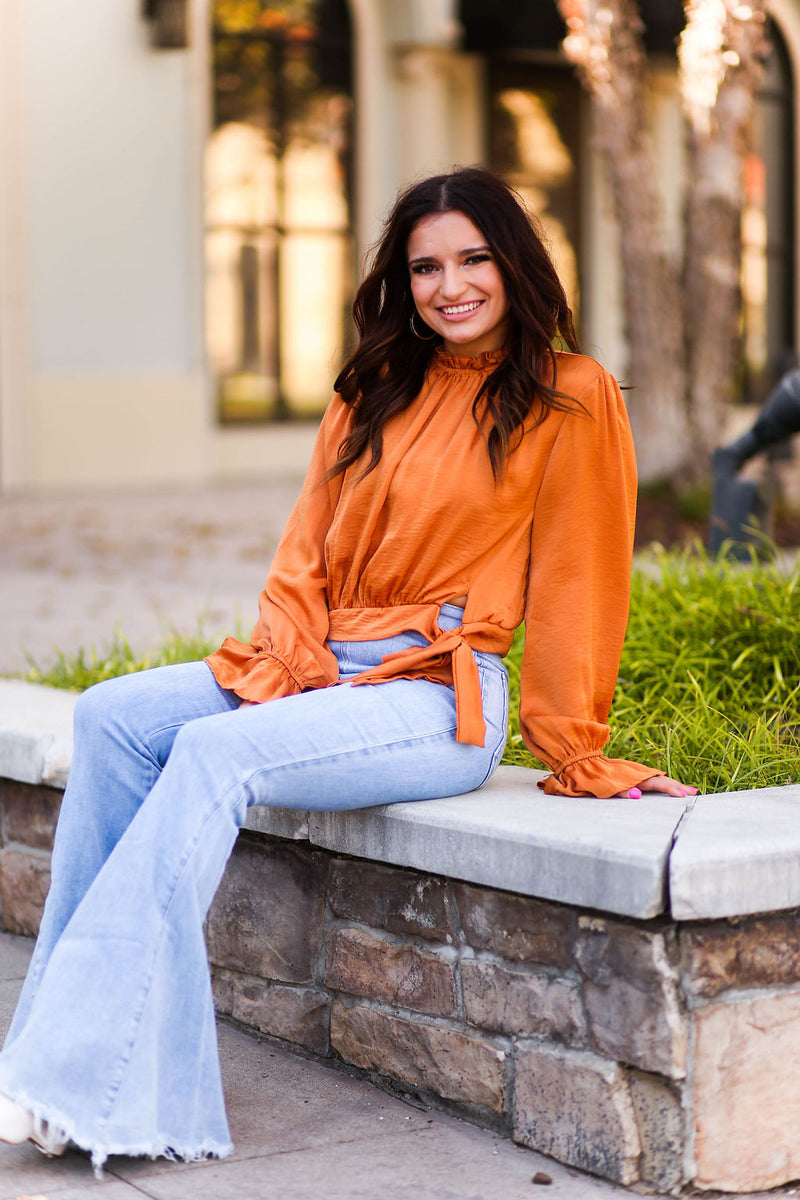 Orange Satin Front Tie Long Sleeve Blouse - Kendry Collection Boutique