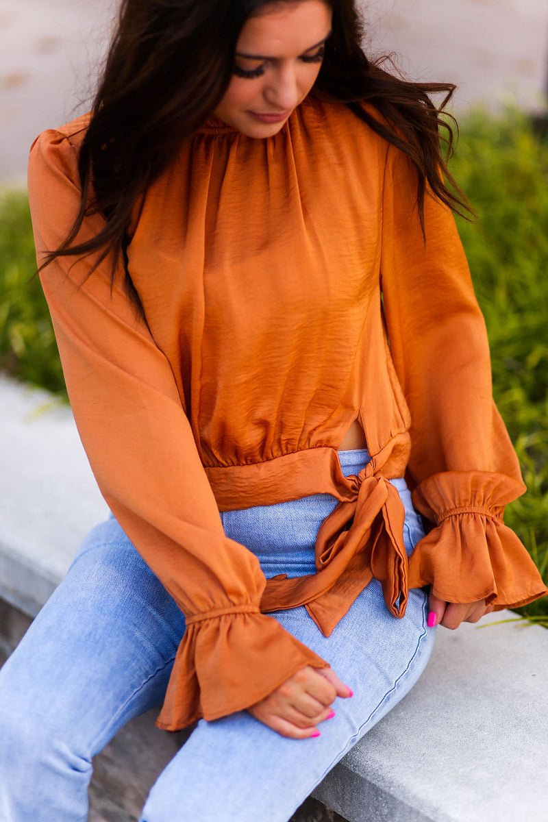 Orange Satin Front Tie Long Sleeve Blouse - Kendry Collection Boutique