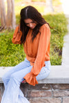 Orange Satin Front Tie Long Sleeve Blouse - Kendry Collection Boutique