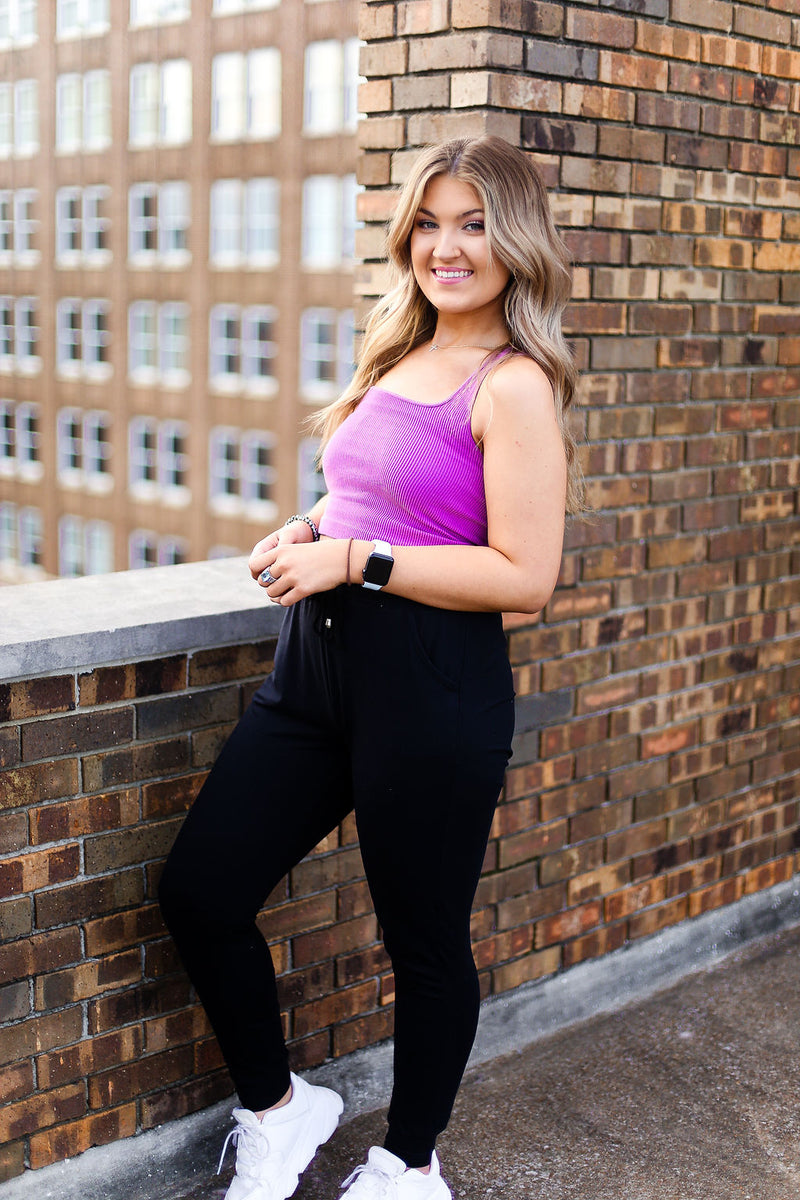 Orchid Pink Square Neck Ribbed Tank Top