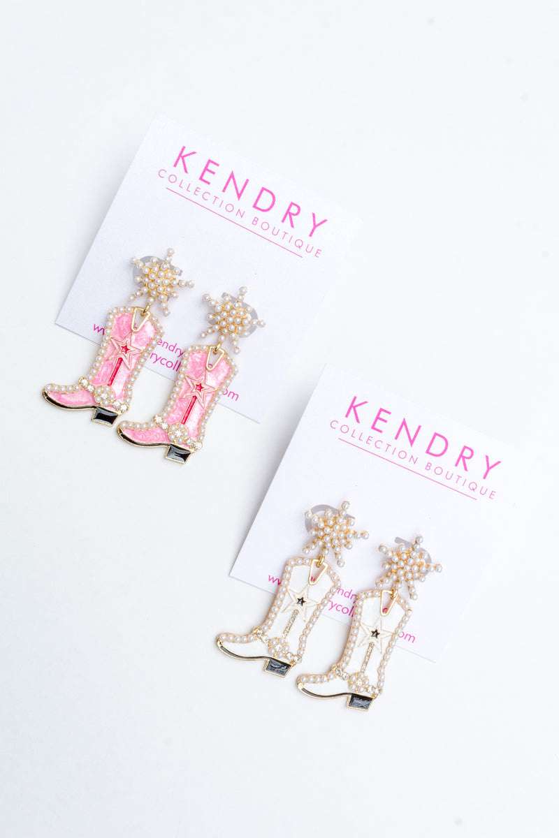 Our pearl and enamel cowgirl boot earrings are perfect for wearing to Nashville! 