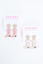 Our pearl and enamel cowgirl boot earrings are perfect for wearing to Nashville!  - Kendry Collection Boutique