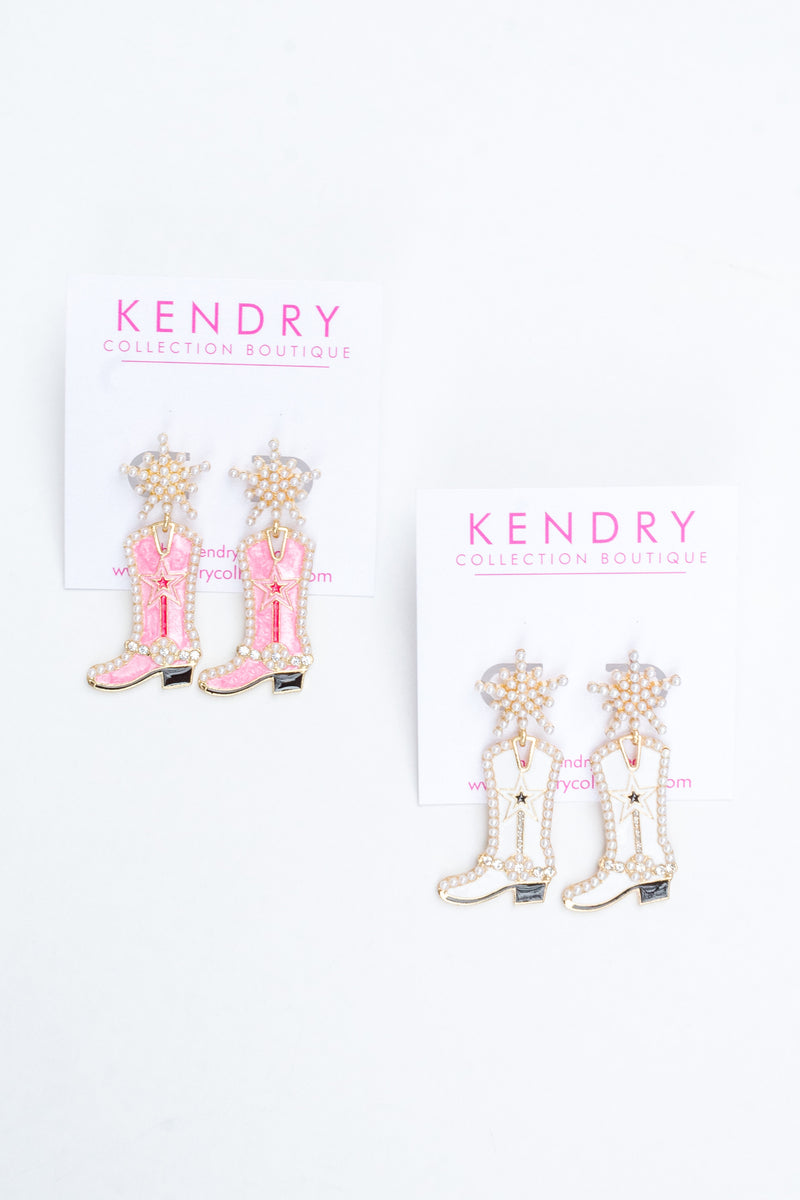 Our pearl and enamel cowgirl boot earrings are perfect for wearing to Nashville!  - Kendry Collection Boutique