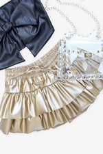 Gold Faux Leather Ruffle Tiered Skort