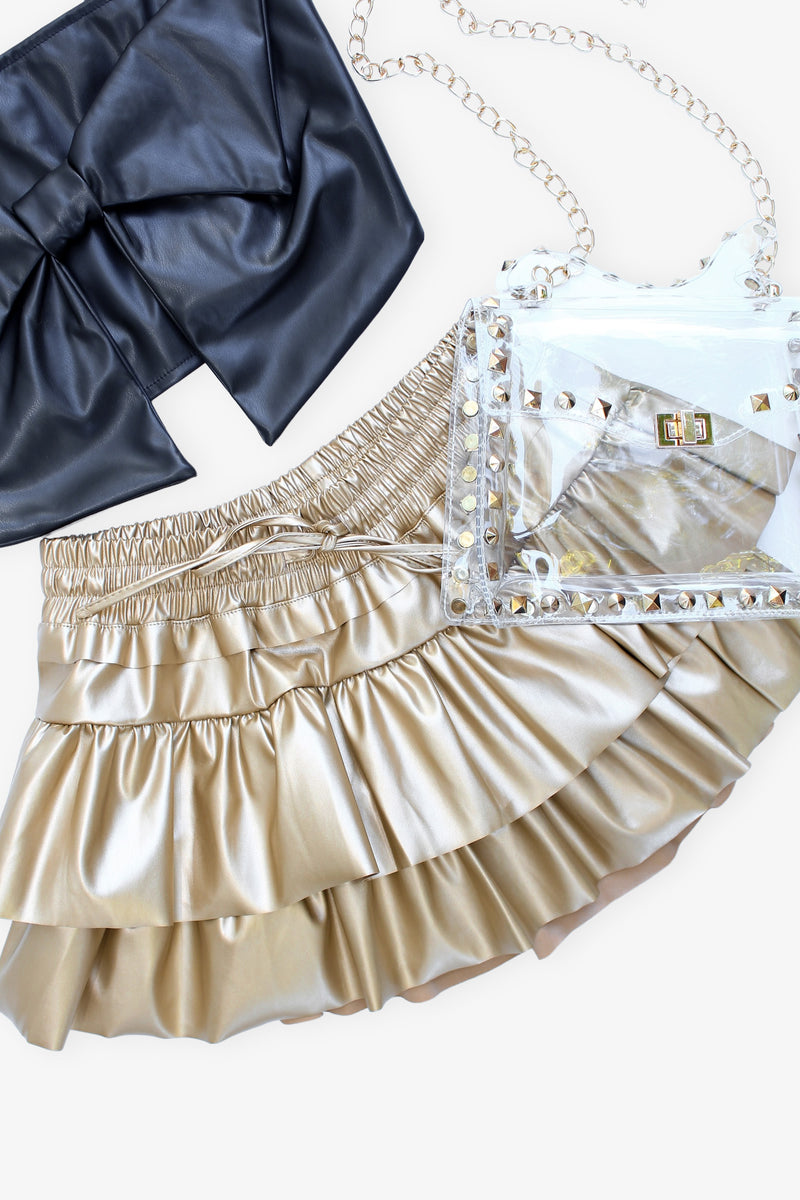 Gold Faux Leather Ruffle Tiered Skort