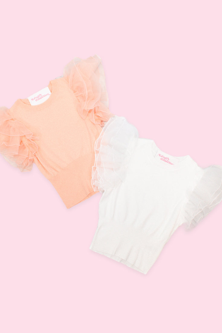Peach Mesh Sleeve Ribbed Top