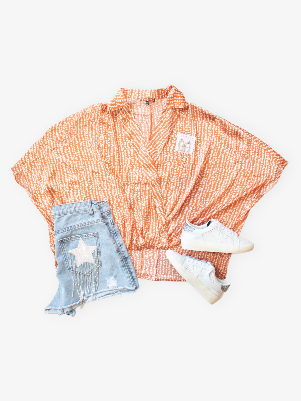 Orange Patterned Surplice Blouse