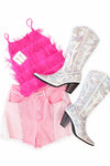 Pink Color Block Rhinestone Denim Shorts