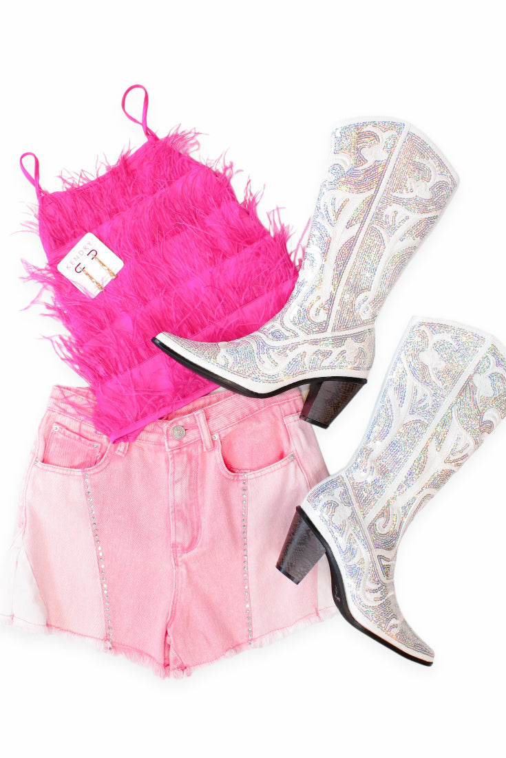 Pink Color Block Rhinestone Denim Shorts