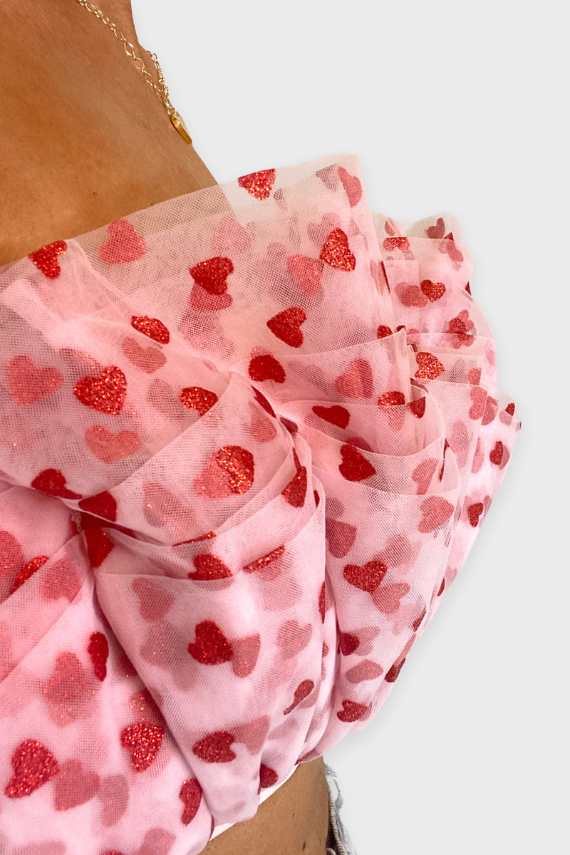 Pink Hearts Tule Ruffle Tube Top