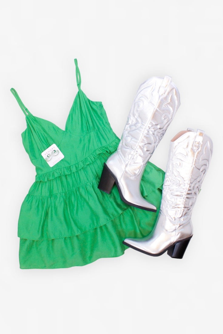 Green V-Neck Ruffle Tiered Romper