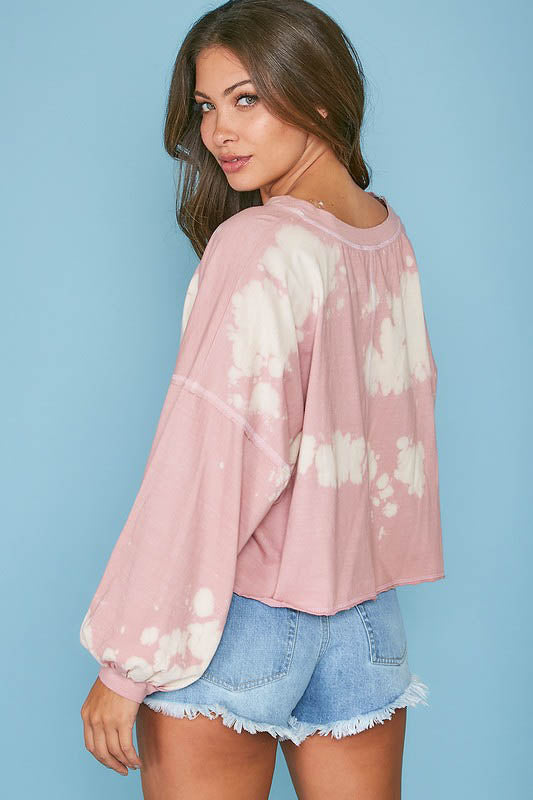 Pink Acid Wash V-Neck Pullover