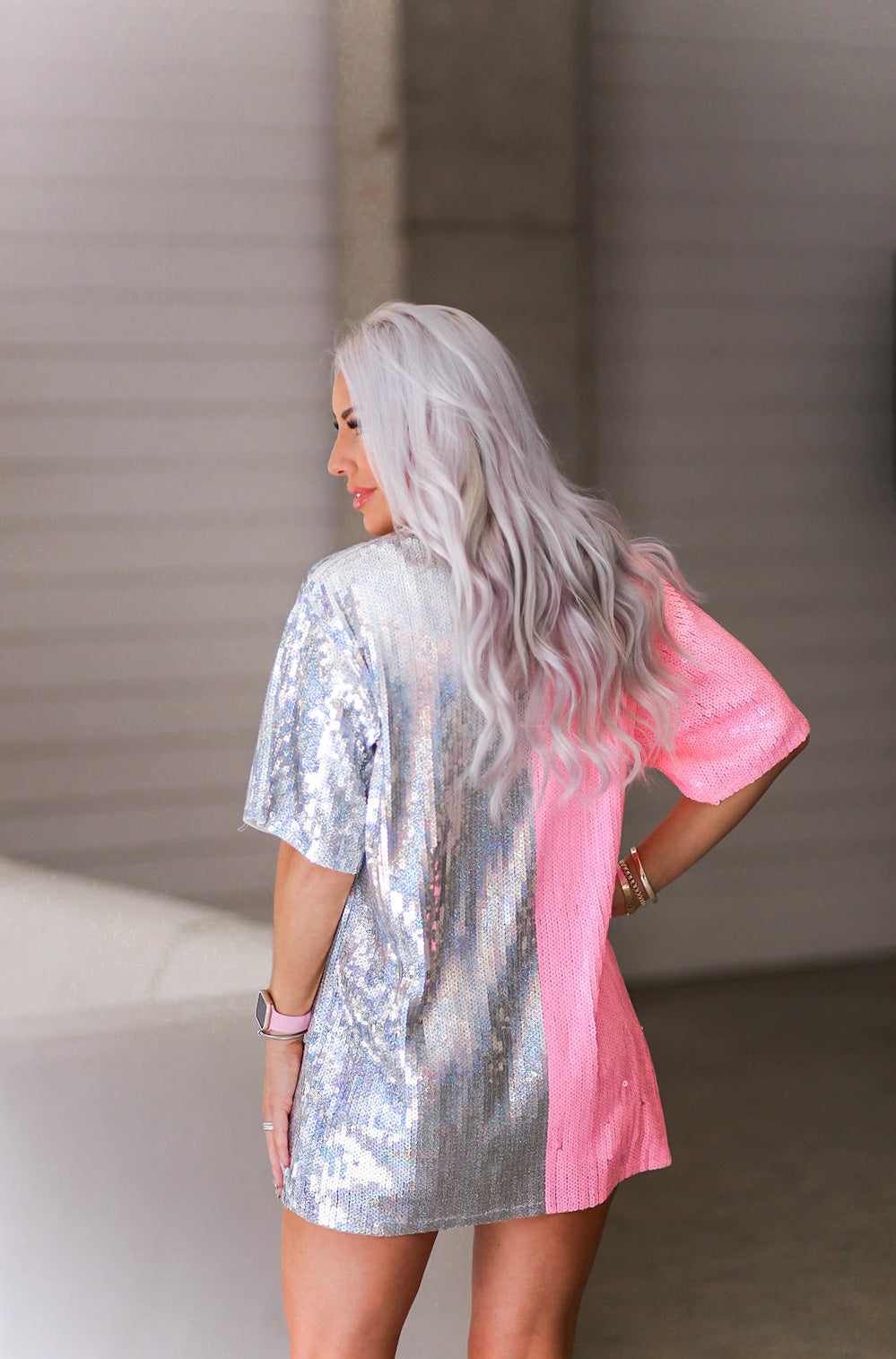 Pink And Silver Two Toned Sequin T-Shirt Dress - Kendry Boutique