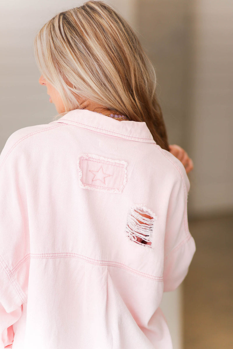 Pink Distressed Denim Shacket - Kendry Collection Boutique