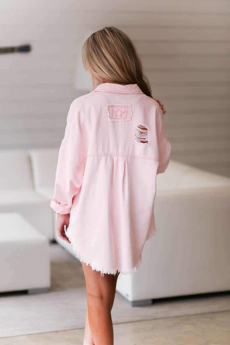 Pink Distressed Denim Shacket - Kendry Collection Boutique