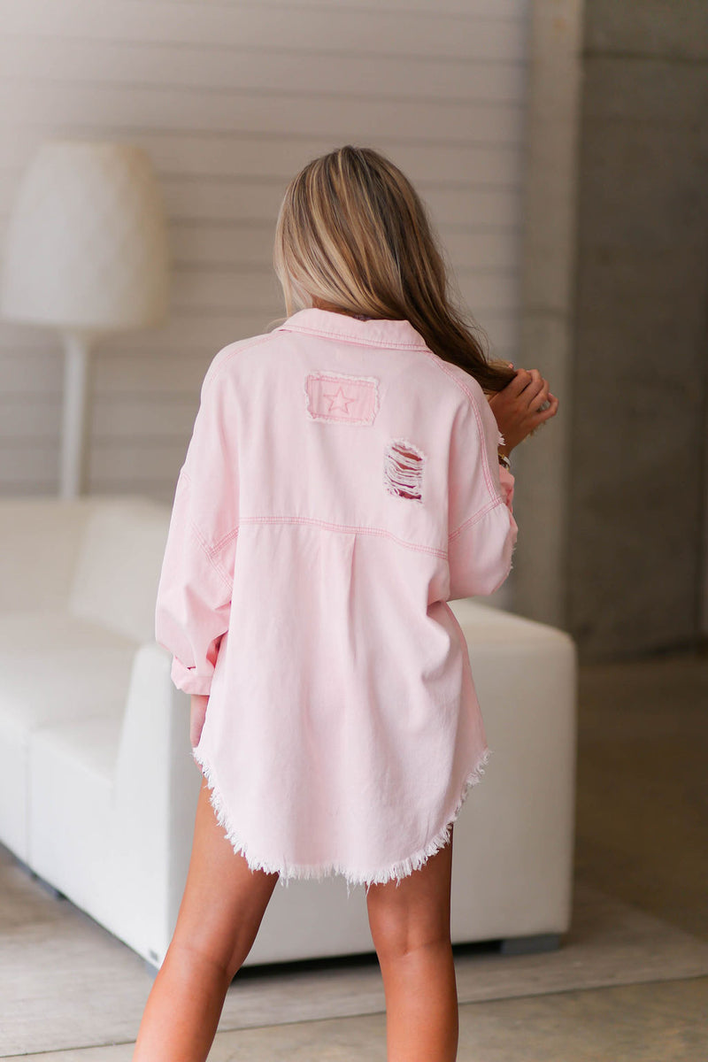 Pink Distressed Denim Shacket - Kendry Collection Boutique