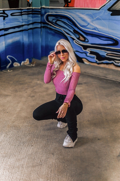 Pink Long Sleeve Embossed Crop Top - Shop Kendry Collection Boutique