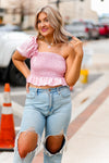 One shoulder puff sleeve smocked top featuring ruffle hem. Pair it with a trendy white skirt and you're ready to go! Pink Puff Sleeve Smocked Top - Shop Kendry Collection Boutique