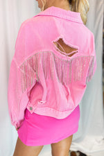 Pink Rhinestone Fringe Denim Jacket