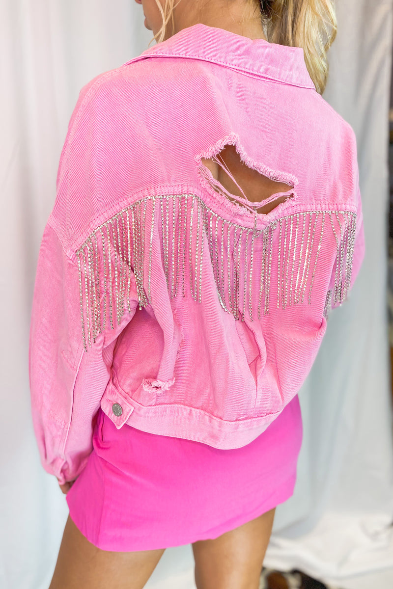 Pink Rhinestone Fringe Denim Jacket