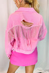 Pink Rhinestone Fringe Denim Jacket