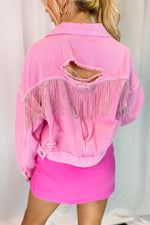 Pink Rhinestone Fringe Denim Jacket