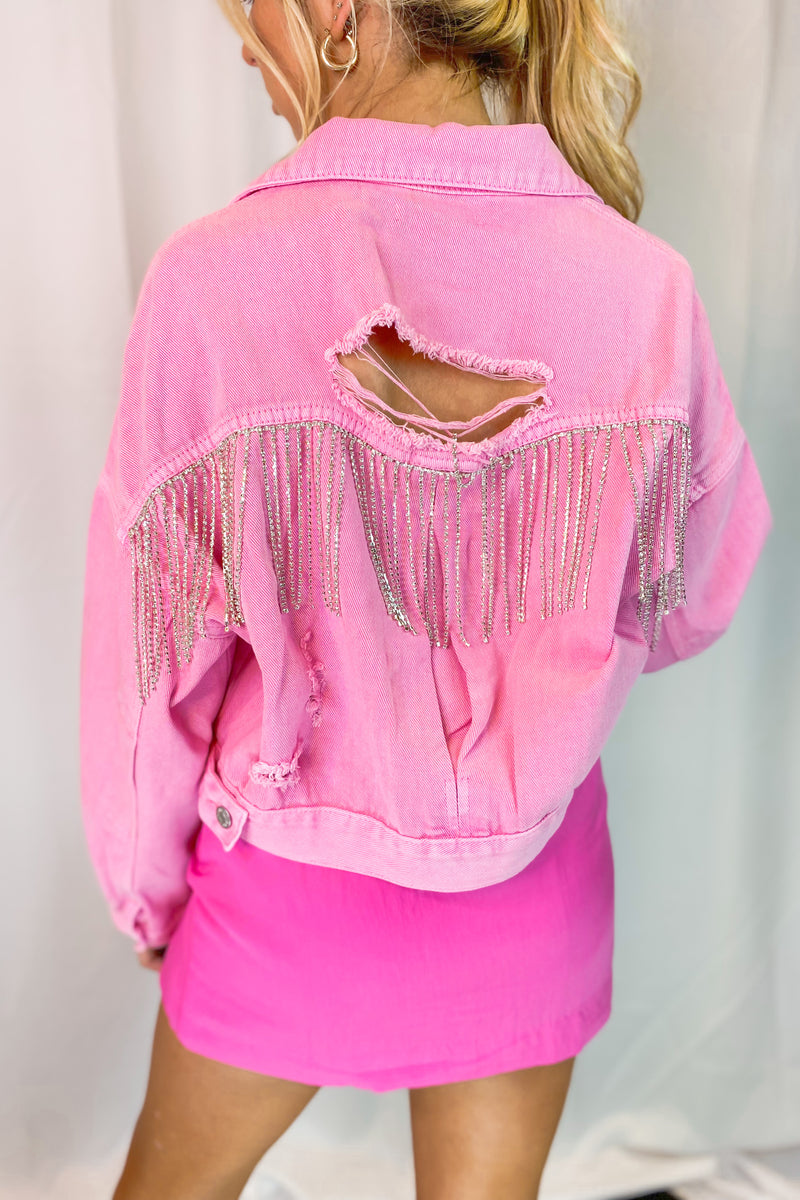 Pink Rhinestone Fringe Denim Jacket