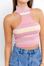 Pink Striped Mock Neck Sleeveless Knit Top