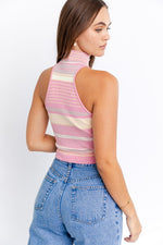 Pink Striped Mock Neck Sleeveless Knit Top
