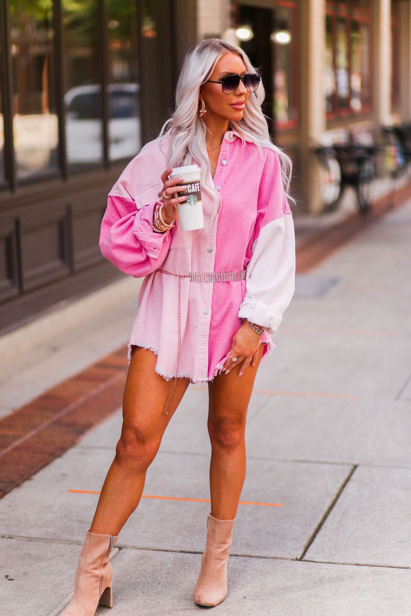 Pink and Cream Color Block Corduroy Button Down - Shop Kendry Collection Boutique