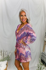 Pink and Purple Sequin Long Sleeve Wrap Dress