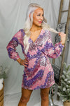 Pink and Purple Sequin Long Sleeve Wrap Dress