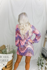 Pink and Purple Sequin Long Sleeve Wrap Dress