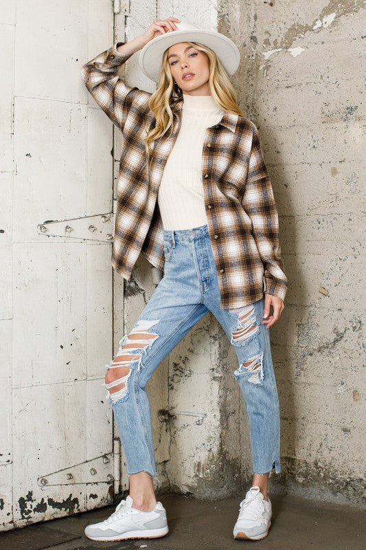 Tan Plaid Studded Fringe Jacket 