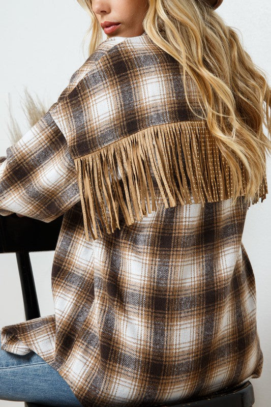 Tan Plaid Studded Fringe Jacket 