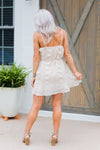 Pom Pom Textured Mini Ruffle Hem Dress - Beige Tan