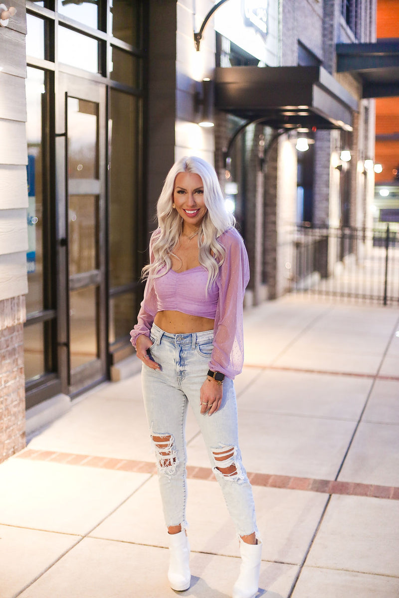 Purple Mesh Dot Long Sleeve Crop Top - Shop Kendry Collection Boutique