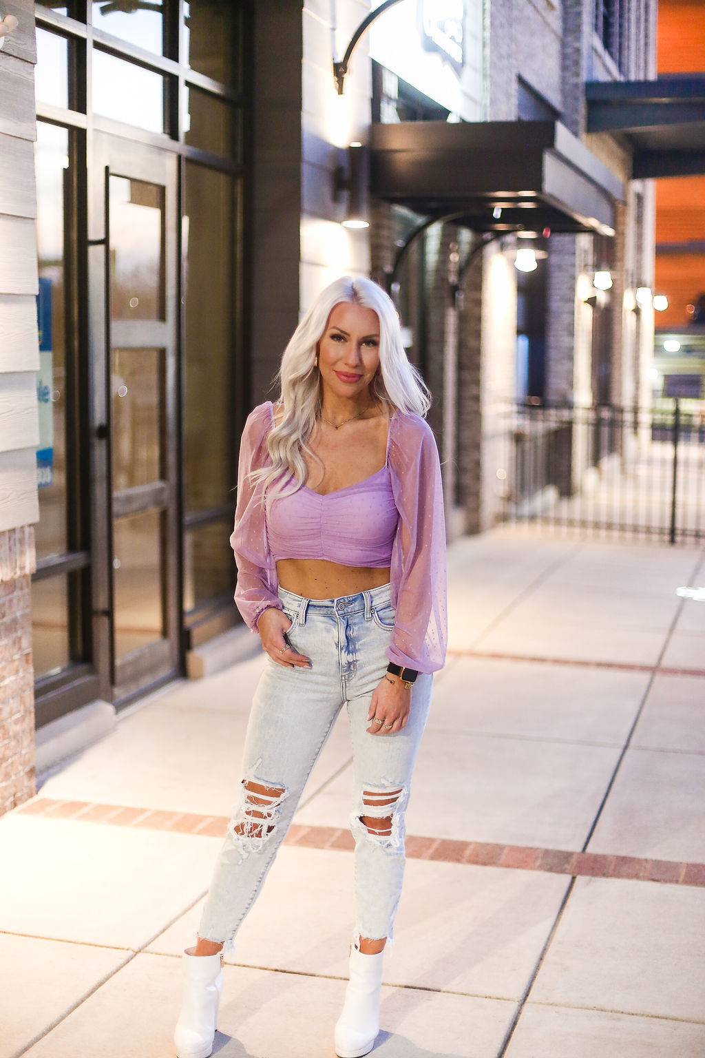 Purple Mesh Dot Long Sleeve Crop Top - Shop Kendry Collection Boutique